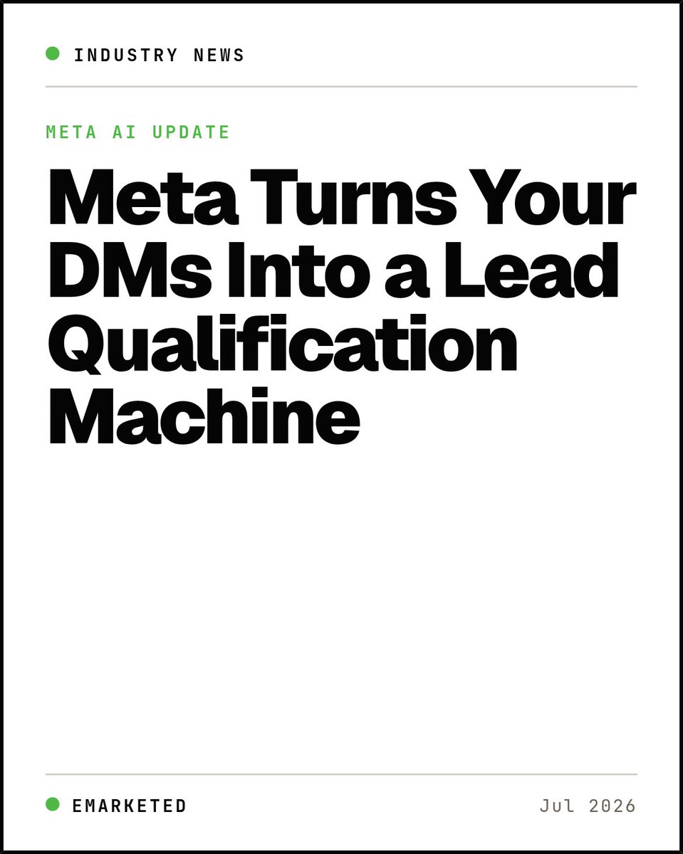 emarketed's tweet photo. Meta's Business Agent now handles 1B+ business chat threads daily — qualifying leads, booking appointments, and handing off to humans. Metrex Valve pulls ~20 qualified leads/month from chat alone. Your DMs are a funnel. #MetaAI https://t.co/BgN3qHnM6z