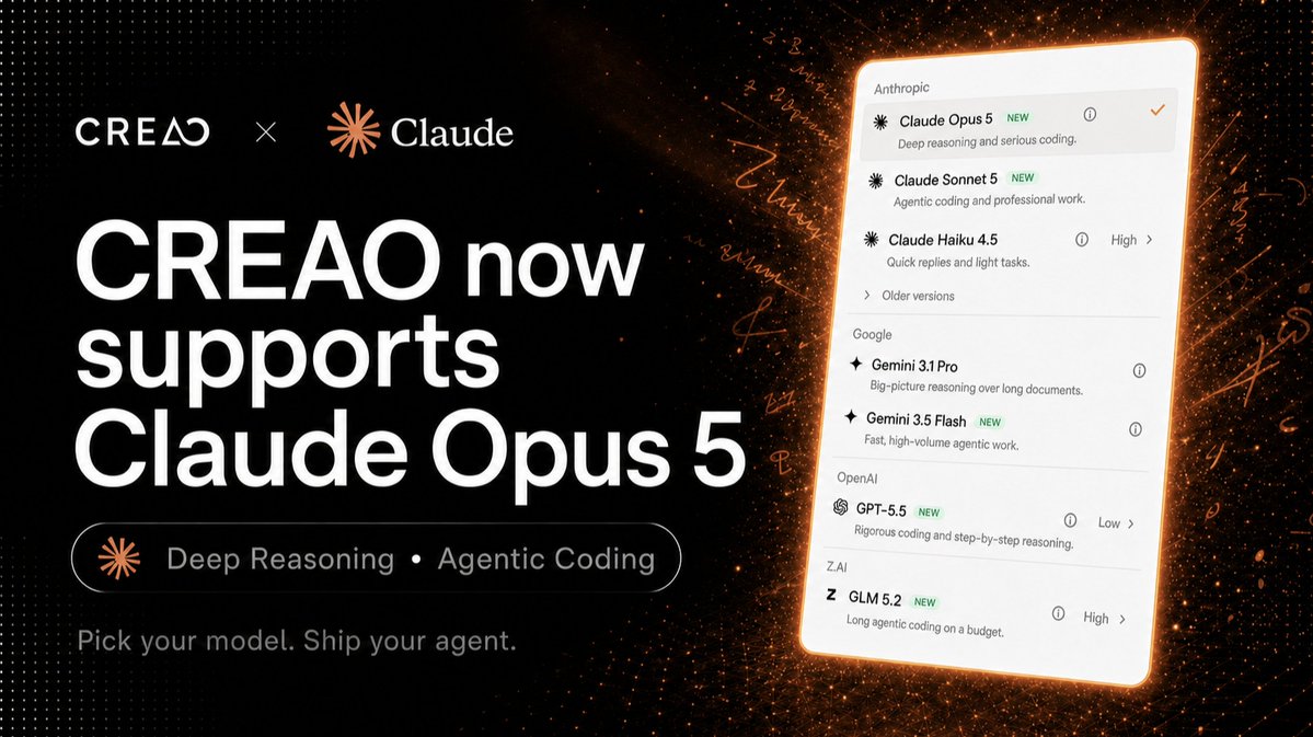 CreaoAI's tweet photo. Day-one support: Claude Opus 5 on CREAO. ✳️

Deep reasoning and serious coding, now available to every agent you build.

No migration. Just switch the model https://t.co/7mkltdhD7R