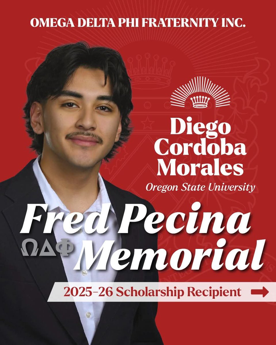 ODPhi's tweet photo. The Department of Undergraduate Affairs is pleased to officially announce the recipient of the Fred Pecina Memorial Scholarship, Diego Cordoba Morales, Alpha Theta Chapter at Oregon State University. Congratulations Brother! https://t.co/b5dChTTpOq
