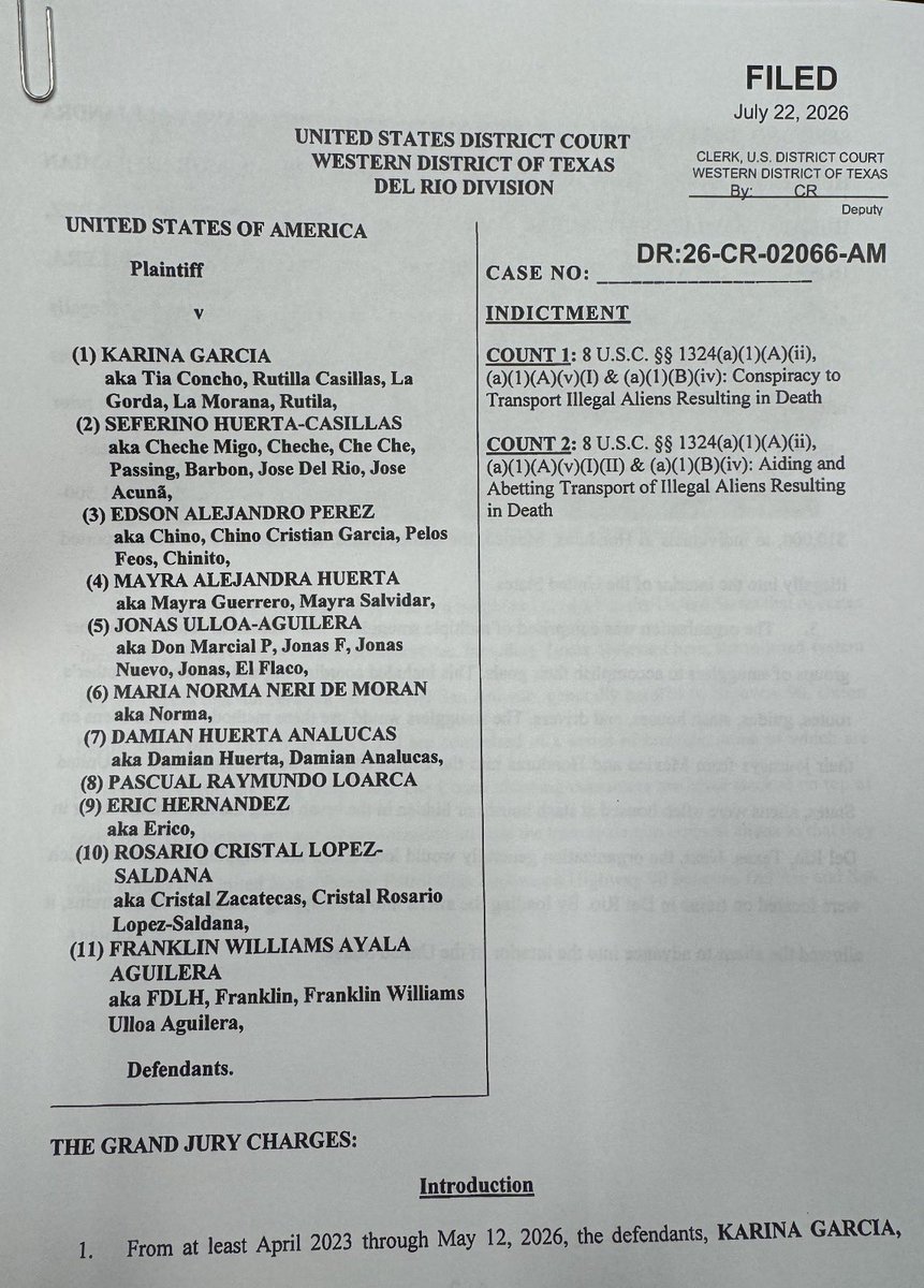 AliBradleyTV's tweet photo. NEW: 11 individuals have been charged in connection with the Laredo train deaths case back in May—The indictment includes four U.S. citizens, five illegal immigrants, and two lawful permanent residents—Two defendants are still at large. 

Prosecutors charged them with Conspiracy to Transport Illegal Aliens Resulting in Death and Aiding and Abetting Transport of Illegal Aliens Resulting in Death. 

The indictment alleges that all 11 defendants participated in a multi-year human smuggling operation that operated from at least April 2023 through May 12, 2026—Utilizing the train system to smuggle illegal immigrants after they crossed from Mexico. The indictment says that each illegal immigrant paid between $1,500-$10,000, to individuals in Honduras, Mexico, the United States, and elsewhere, to be transported illegally into the interior of the United States.

The indictment also includes a criminal forfeiture allegation, meaning the government is seeking to permanently seize property it says was used to facilitate the smuggling operation or was derived from its proceeds if the defendants are convicted.

Federal prosecutors say the smuggling organization worked alongside multiple trafficking groups, sharing routes, guides, stash houses, and drivers to transport illegal immigrants from Mexico and Honduras into the United States. After crossing near Del Rio, Texas, migrants were allegedly hidden in stash houses or concealed in brush along the Rio Grande before being loaded into shipping containers on freight trains, allowing them to travel deeper into the interior of the country.

One of the individuals in the indictment is from Del Rio and was initially busted for harboring illegal immigrants —Mayra Huerta was then identified as a person of interest connected to the train deaths — and sources say she was taking money from the illegal immigrants and paying the two main facilitators… when her house was raided investigators found more than 53-thousand dollars in cash and several firearms. 

The investigation began after six illegal immigrants were found dead inside a Union Pacific shipping container at a Laredo rail yard in May.

Investigators also linked the Laredo deaths to a second scene near San Antonio, where another man believed to have been part of the same smuggling venture was found dead alongside railroad tracks after falling from the train.

Authorities identified the victims as migrants from Honduras and Mexico, including a 14-year-old boy. The medical examiner determined at least one victim died from heat stroke, and that was likely the cause of death for the others as they were trapped inside the shipping container.