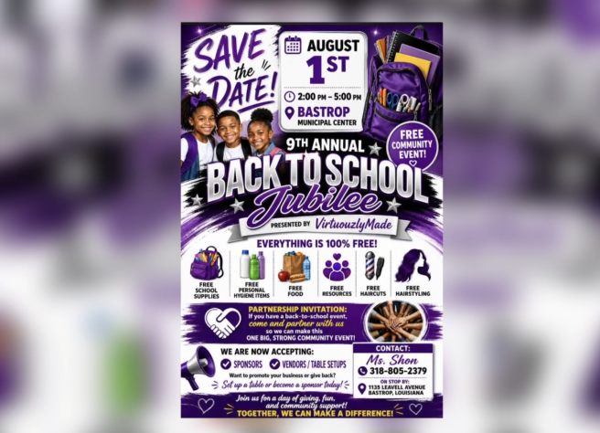 KNOE8's tweet photo. Bastrop’s 9th annual Back to School Jubilee set for Aug. 1
https://t.co/WVmsIbB6EO https://t.co/vGDSQj9sq5