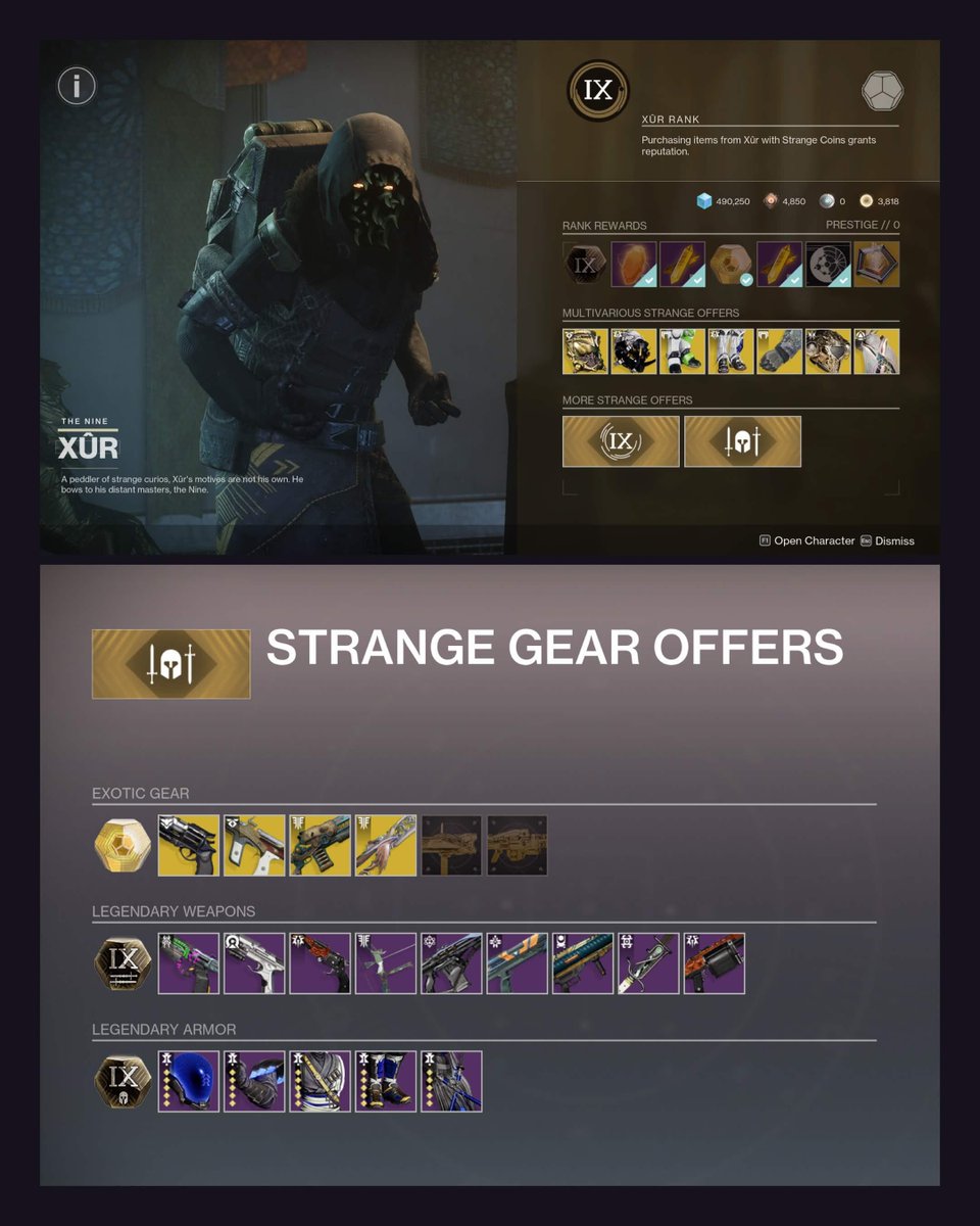 D2_Director's tweet photo. This Week at Xûr (July 24–28)

Exotic Armor▾

Hunter:
▸ Wormhusk Crown (Helmet)
▸ Mask of Fealty (Helmet)
▸ Relativism (Class Item)

Titan:
▸ Dunemarchers (Legs)
▸ Blastwave Striders (Legs)
▸ Stoicism (Class Item)

Warlock:
▸ Winter’s Guile (Gauntlets)
▸ Dawn Chorus (Helmet)
▸ Solipsism (Class Item)

Exotic Weapons▾
▸ The Huckleberry (Submachine Gun)
▸ Lord of Wolves (Shotgun)
▸ Black Talon (Sword)
▸ Hawkmoon: Killing Wind

Exotic Catalysts▾
▸ Fighting Lion Catalyst
▸ Heir Apparent Catalyst

More details: https://t.co/P2dJnA9TK9