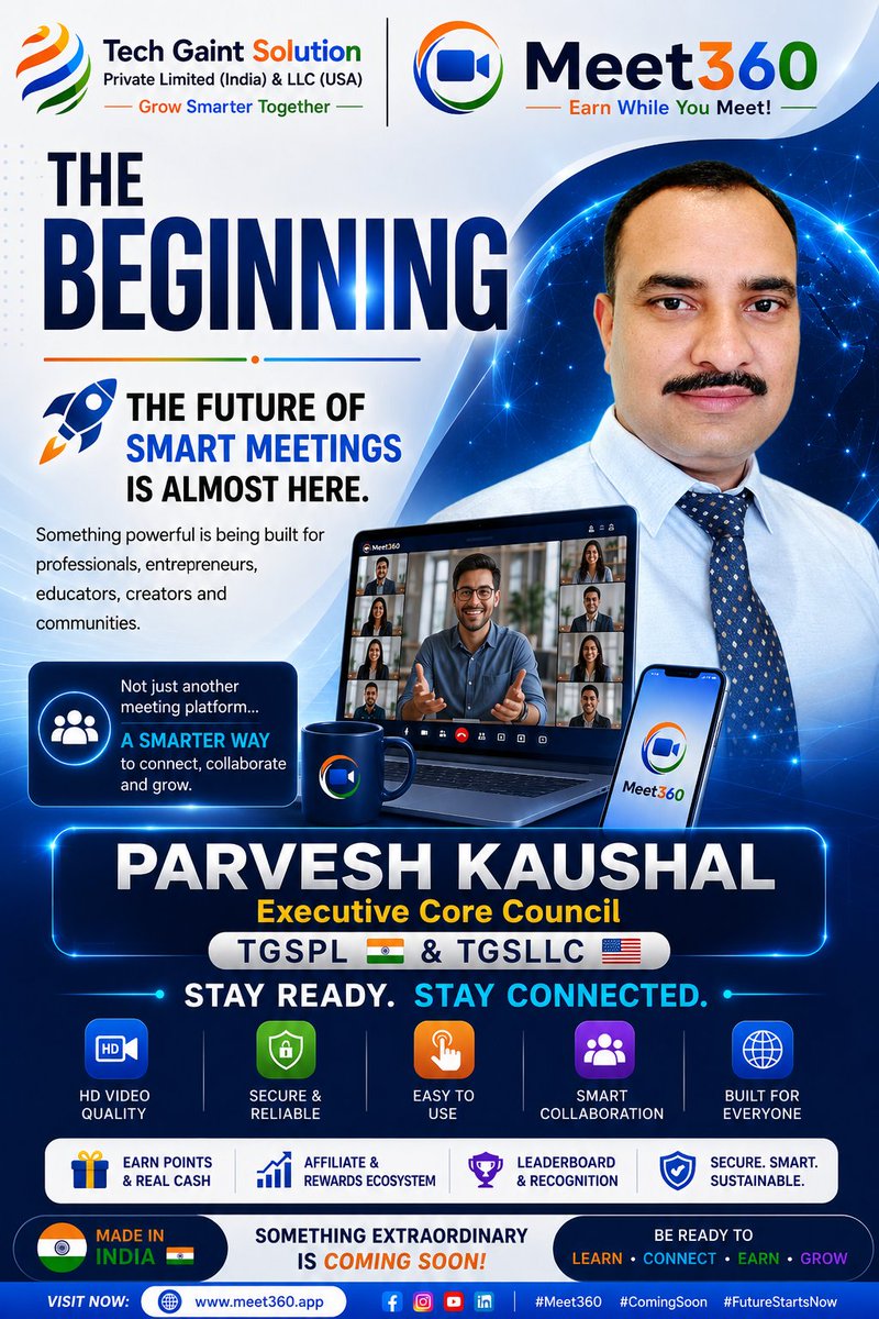 kaushal_parvesh's tweet photo. Something Big Is Coming...
Meet360 Earn While You Meet
#Meet360 #MeetConnectEarn #EarnWhileYouMeet #MegaLaunch #MadeInIndia #AffiliateMarketing #PassiveIncome #VideoConferencing #DigitalOpportunity #TGSPL #TGSLLC #Innovation #ComingSoon https://t.co/nOf0N0It9z