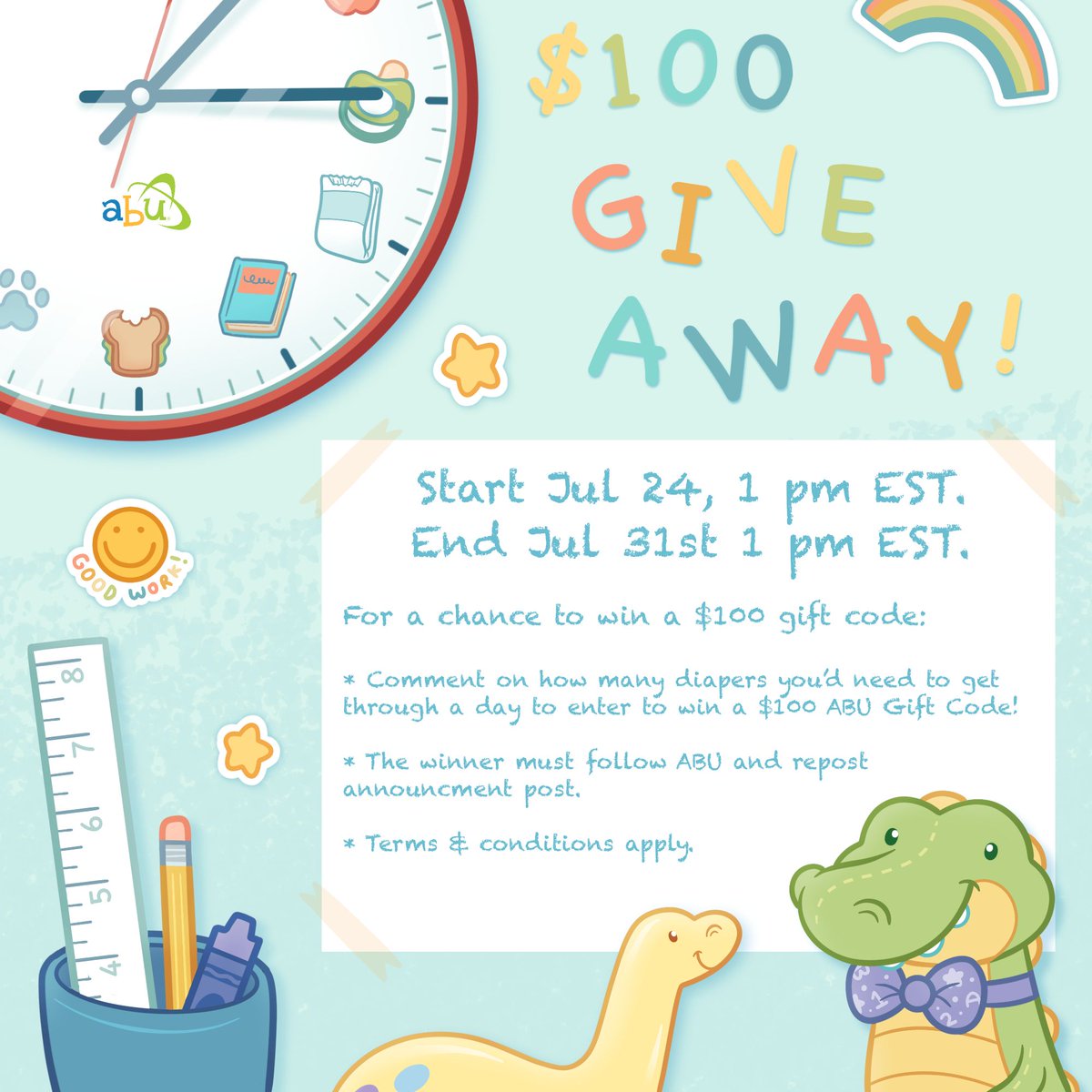 ABUDiapers's tweet photo. Today is July 24th, or as we like to refer to it: 24/7 Day! 🥳🎊

To celebrate, we’re giving away 5 $100 ABU gift cards! To enter, tell us in the comments how many diapers you’d need for the day, follow us, and repost this.

Check the T&amp;C in the thread! 🧵

#ABDL #Giveaway #24/7 https://t.co/uZjyBwmOLg
