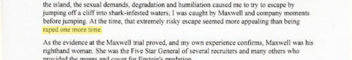 epsteinsearchin's tweet photo. Ghislaine Maxwell caught a survivor moments before she jumped off a cliff into shark-infested waters to escape Epstein's island.

Her victim impact statement: "that extremely risky escape seemed more appealing than being raped one more time." https://t.co/lEpo5PoeOC