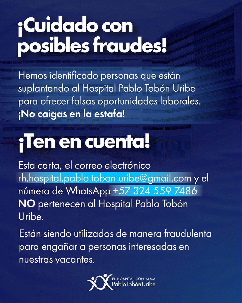 HPTU's tweet photo. 🚨 ¡Alerta de fraude! Hemos identificado personas que están suplantando al Hospital para ofrecer falsas oportunidades laborales.

Recuerda que no realizamos procesos de contratación por WhatsApp y nunca solicitamos dinero en ninguna etapa del proceso de selección. https://t.co/lZE63Fshgj