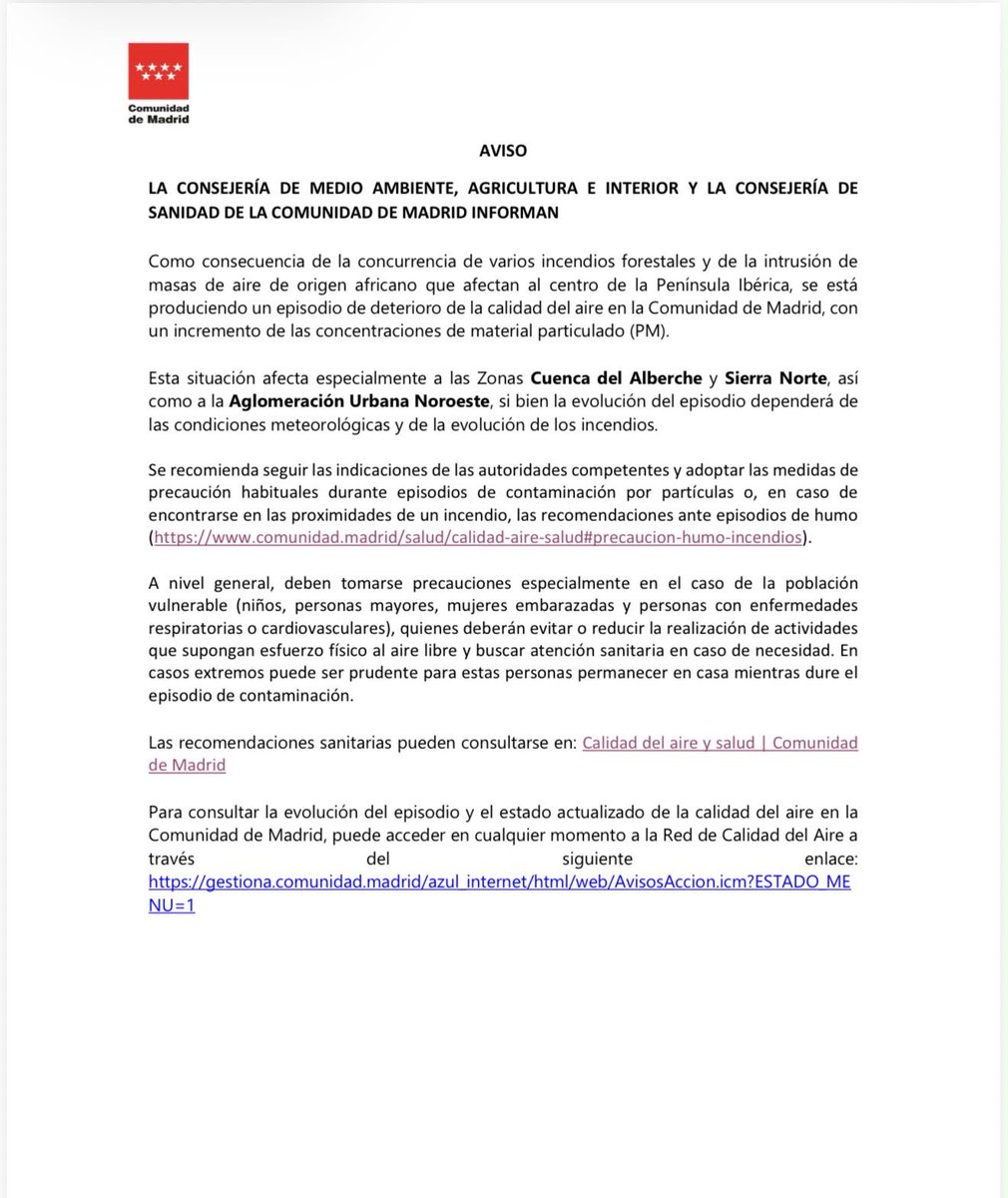 Arroyomolinos's tweet photo. ℹ️🔴 Aviso que ofrece la Comunidad de Madrid ante los incendios que afectan a la región

🛜 https://t.co/6egnCLgmhO https://t.co/hAvvFNdCs5