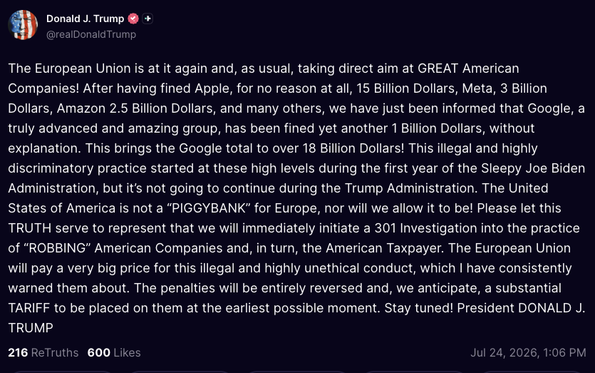 wallstengine's tweet photo. Trump: 

The European Union is at it again and, as usual, taking direct aim at GREAT American Companies! After having fined Apple, for no reason at all, 15 Billion Dollars, Meta, 3 Billion Dollars, Amazon 2.5 Billion Dollars, and many others, we have just been informed that Google, a truly advanced and amazing group, has been fined yet another 1 Billion Dollars, without explanation. 

This brings the Google total to over 18 Billion Dollars! This illegal and highly discriminatory practice started at these high levels during the first year of the Sleepy Joe Biden Administration, but it’s not going to continue during the Trump Administration. 

The United States of America is not a “PIGGYBANK” for Europe, nor will we allow it to be! Please let this TRUTH serve to represent that we will immediately initiate a 301 Investigation into the practice of “ROBBING” American Companies and, in turn, the American Taxpayer. 

The European Union will pay a very big price for this illegal and highly unethical conduct, which I have consistently warned them about. The penalties will be entirely reversed and, we anticipate, a substantial TARIFF to be placed on them at the earliest possible moment.