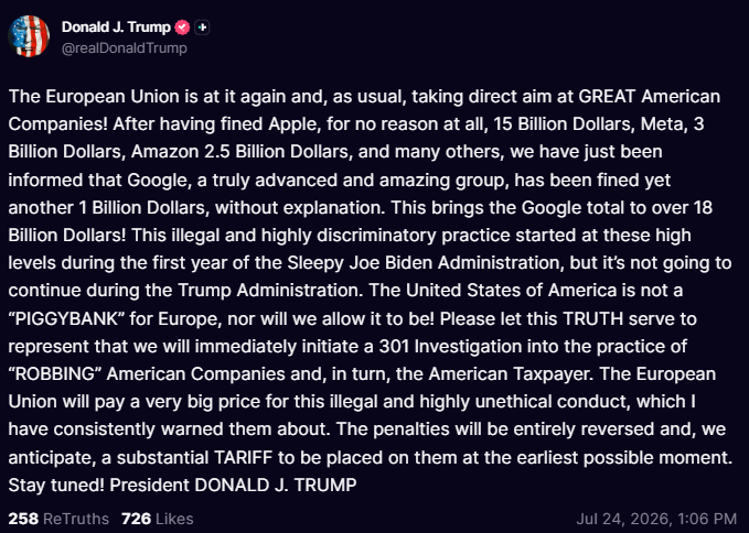 KobeissiLetter's tweet photo. BREAKING: President Trump says the US has opened a 301 investigation into the practice of the EU "robbing" American companies. 

Trump says the EU will pay "a very big price" and a "substantial tariff" is expected to be imposed as soon as possible. https://t.co/cO9nssu7Ef