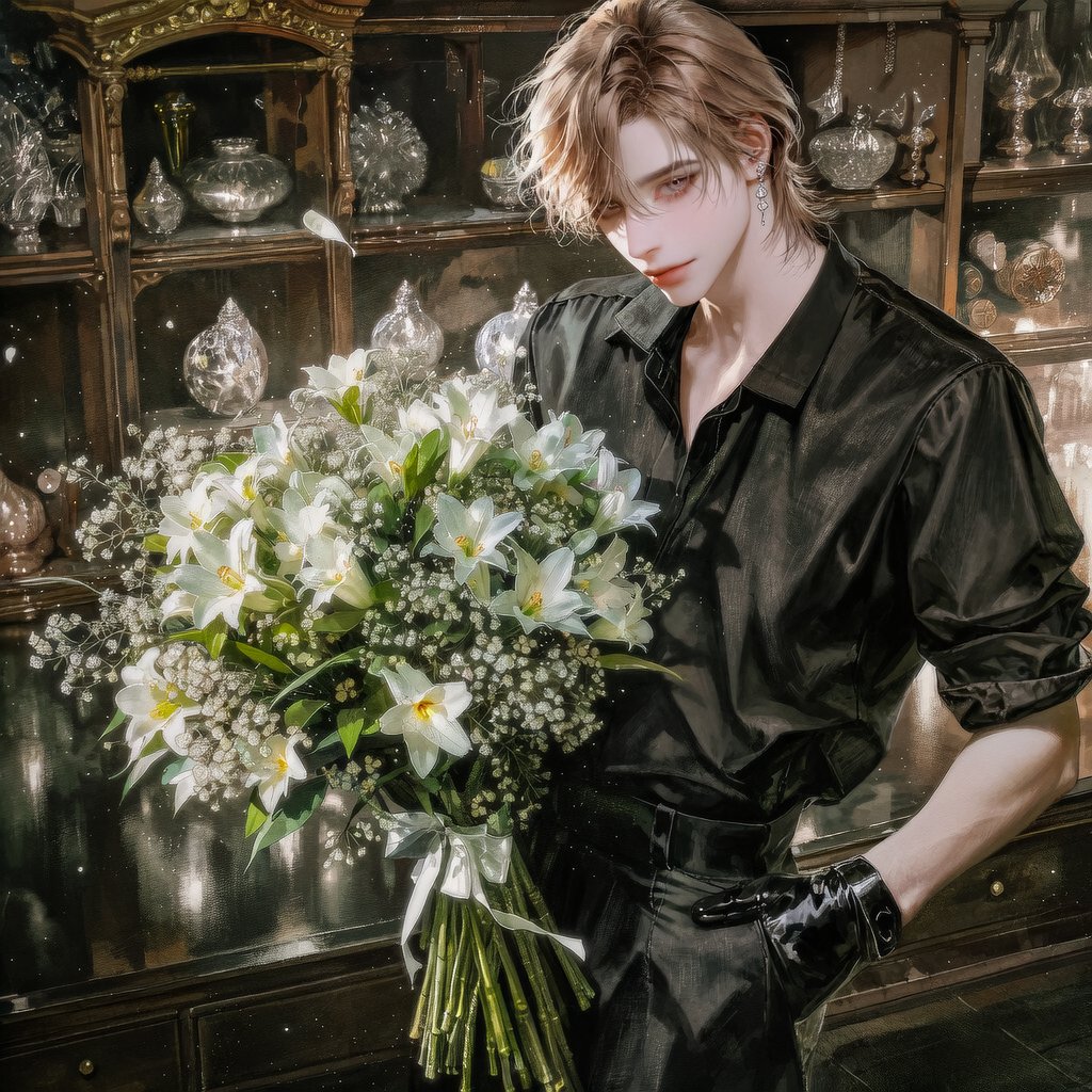 Jin_OAOa's tweet photo. 플로리스트 Prompt

[캐릭터 프롬]

2.5::dynamic angle, location, cynematic shot::, 
calm gaze, black silk shirt with rolled sleeves, charcoal tailored slacks, black leather apron, silver earrings, leather gloves, holding a bouquet of glowing white lilies, moon flowers, dark luxury flower shop, antique wooden shelves, crystal flower vases, soft moonlight through large windows, floating flower petals, cinematic lighting, quiet luxury, premium editorial, masterpiece