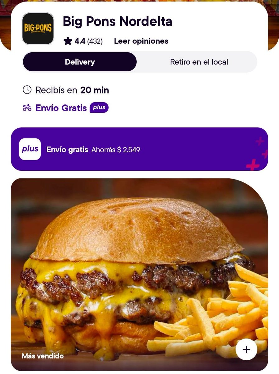 ahorrotwit's tweet photo. 🚨 BIG PONS CON 45% OFF + PAPAS + ENVÍO GRATIS 🍔🔥

Solo hoy 👇

👉 Cheese Burger Doble + papas
💸 45% OFF
🚚 Envío gratis con Plus

⏰ Horarios:
✅ 12:00 a 15:00
✅ 20:00 a 00:00

https://t.co/QQcv4nQ8MR https://t.co/3tIBzPsGrh