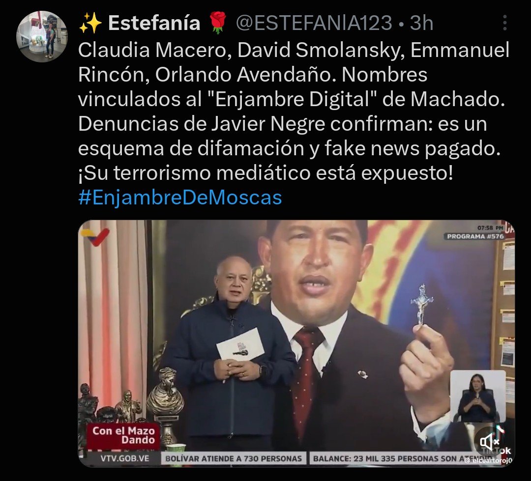 EmmaRincon's tweet photo. En este momento la dictadura de Delcy Rodríguez acaba de inundar una vez más las redes sociales con campañas de bots para desprestigiar y difamar a quiénes nos oponemos a su régimen asesino.

No hay dinero para ayudar a la gente en La Guaira, para hospitales, rescatistas, primeros auxilios, pero siempre hay dinero para la propaganda, mientras los venezolanos mueren bajo los escombros y por el hambre y la miseria que provocaron.