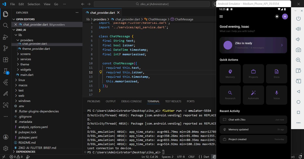 BuildWithZik's tweet photo. Week 1 of building Ziko AI done. 🧵

Day 1 — Backend live ✅
Day 2 — Memory system working ✅
Day 3 — v2.0 shipped ✅
Day 4/5 — Flutter app running on emulator ✅

From zero to a working AI app in 5 days.

Week 2 tomorrow. 👀

#BuildingInPublic #ZikoAI #Flutter #AI #MadeInNigeria https://t.co/Gft5HVpo8G