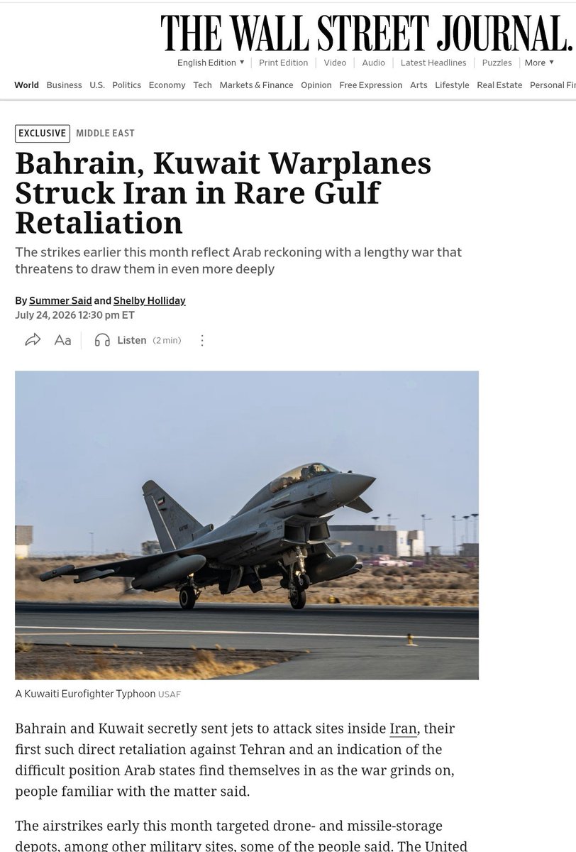 perde_arkasi1's tweet photo. 🔴 WSJ

 في وقت سابق هذا الشهر، أرسلت البحرين و الكويت سرًا

طائرات حربية لضرب أهداف داخل إيران.

​استهدفت الهجمات الجوية، بالإضافة إلى المنشآت العسكرية
 منشآت تخزين الطائرات بدون طيار والصواريخ.

كما ساهمت الامارات بتقديم معلومات استخباراتية لهذه الضربات

وهو اول رد عربي مباشر على طهران.
