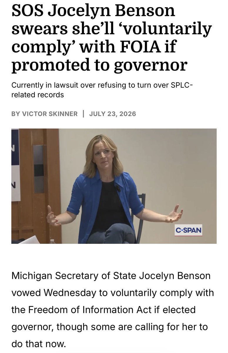 MonicaYatooma's tweet photo. I about fell out of my chair watching this clip of @JocelynBenson promising she would “voluntarily comply” with FOIA requests as governor.

She looked that man in the eye and lied. 

As Secretary of State, @Mike_Cox had to sue her under FOIA law just to get records related to her involvement with the Southern Poverty Law Center. She refused to hand them over voluntarily. The request was filed in April. By mid-July she still hadn’t produced the documents, so he took her to court. She’s done this many times with many other FOIA requests. 

This is the same Jocelyn Benson now asking Michigan voters to make her governor.

If she won’t follow the law and provide basic transparency as Secretary of State, what makes anyone think she’ll suddenly become transparent once she has even more power?

Zero accountability. Zero transparency. Just more of the same.

Aren’t you tired of it? Michigan deserves so much better.