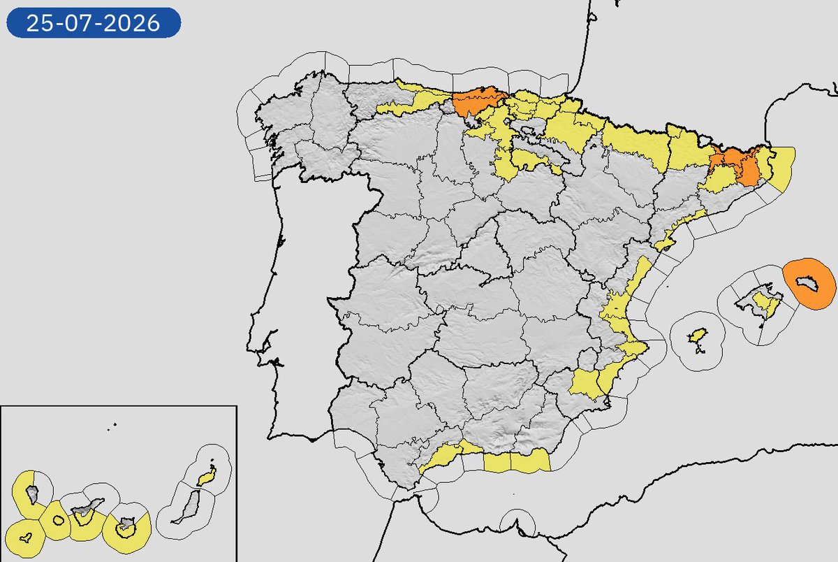 AEMET_Esp's tweet photo. 24/07 19:18 AVISOS HOY Y MAÑANA | España: temperaturas máximas, tormentas, lluvias, costeros, rissagas y vientos. Nivel máximo de aviso: rojo.
Actualizaciones en https://t.co/BLdoSsO2Qv https://t.co/KjJmvRhAV3