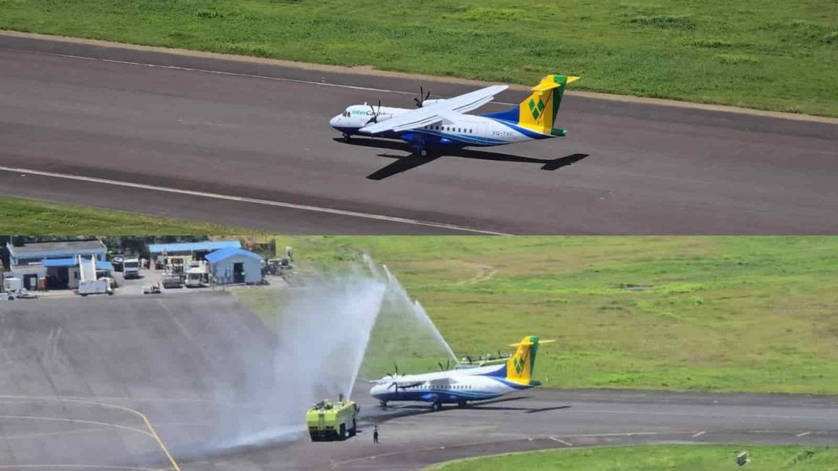 caribbeannewsuk's tweet photo. #STVINCENT: InterCaribbean Airways unveiled a newly branded aircraft showing the St Vincent and the Grenadines national flag in a special ceremony on the grounds of Argyle International Airport on Thursday. https://t.co/Re0j9SL3T0