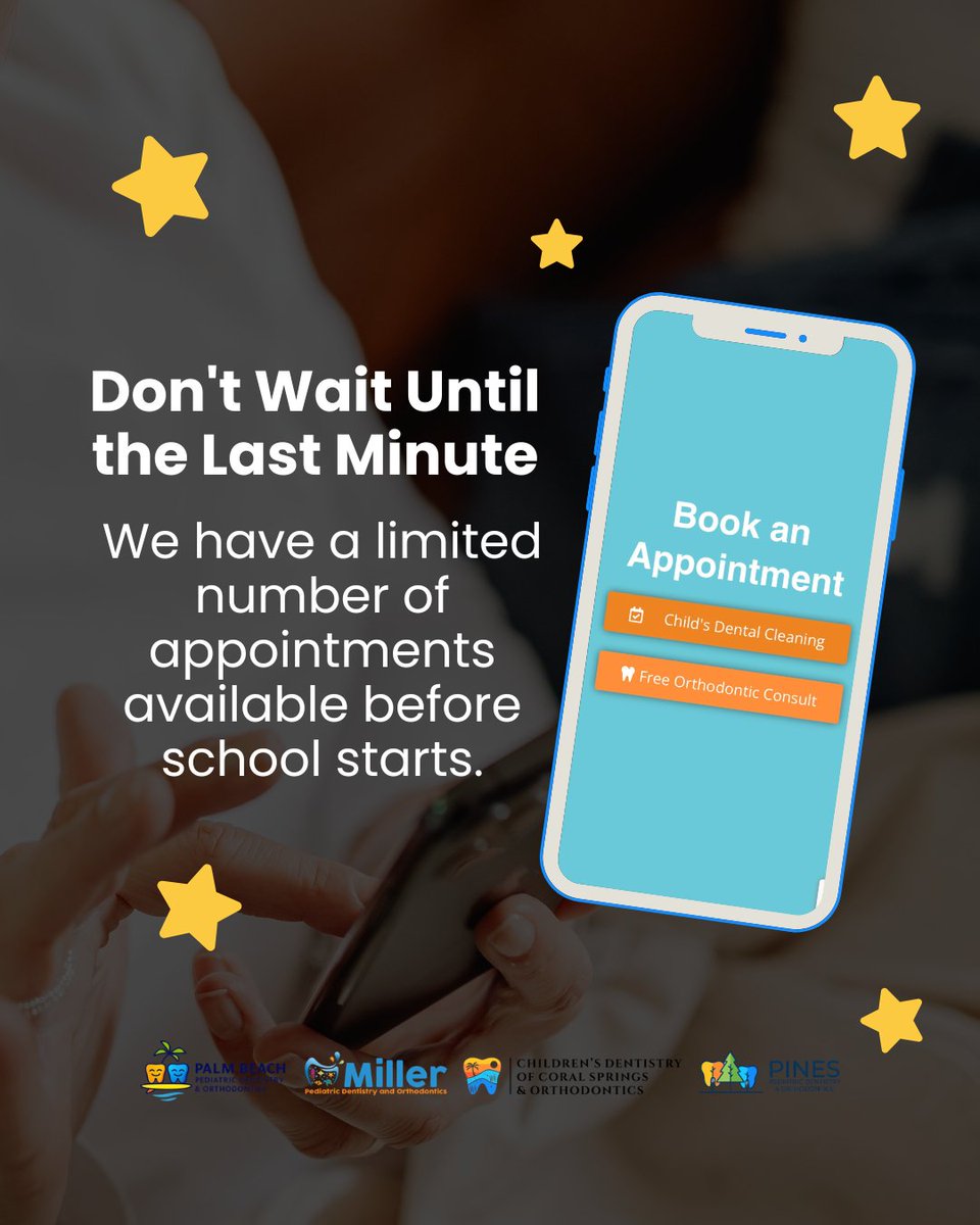 PinesPDO's tweet photo. Don't wait until the last minute! ⏰🦷

Back-to-school season is almost here, and our schedule is filling up fast! 📚✏️

There are still a few appointments available before school starts, but they won't last long. https://t.co/gUKpVv5N9S