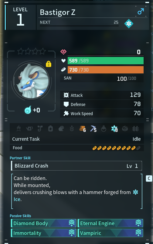 WTorayon's tweet photo. @Palworld_EN Almost forgot to 4 star him.
(Yes I breed over 600 Bastigors to get the perfect one. Now I just need breed a boss Bastigor with the stat's of the second image.) https://t.co/pITbcPdbr1