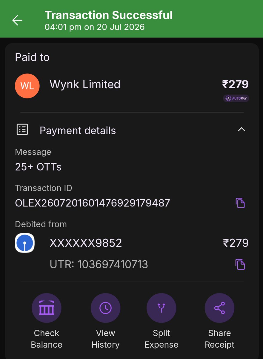 dinesh1304's tweet photo. Disappointed with @Airtel_Presence @airtelindia support. Payment of ₹279 deducted on 20/07/26 (UTR 103697410713) for Xstream, yet Netflix access remains inactive. No resolution for 5 days except incorrect updates about failed deduction. Requesting an immediate refund. https://t.co/2NYFoHOC0r