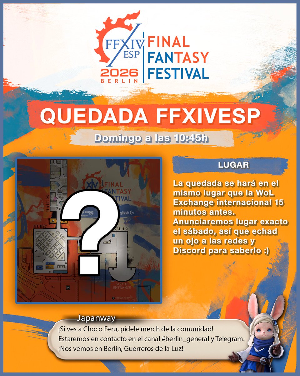 FFXIVESP's tweet photo. ¡Guerreros de la Luz que estáis en Berlín!

La quedada será el Domingo a las 10:45h, pero no sabremos el lugar exacto hasta el Sábado.
Lo haremos 15 minutos antes que la WoL Exchange internacional, así que nos coordinaremos para el lugar :D

¡Seguiremos informando! #FFXIV https://t.co/XKbGLCbePv
