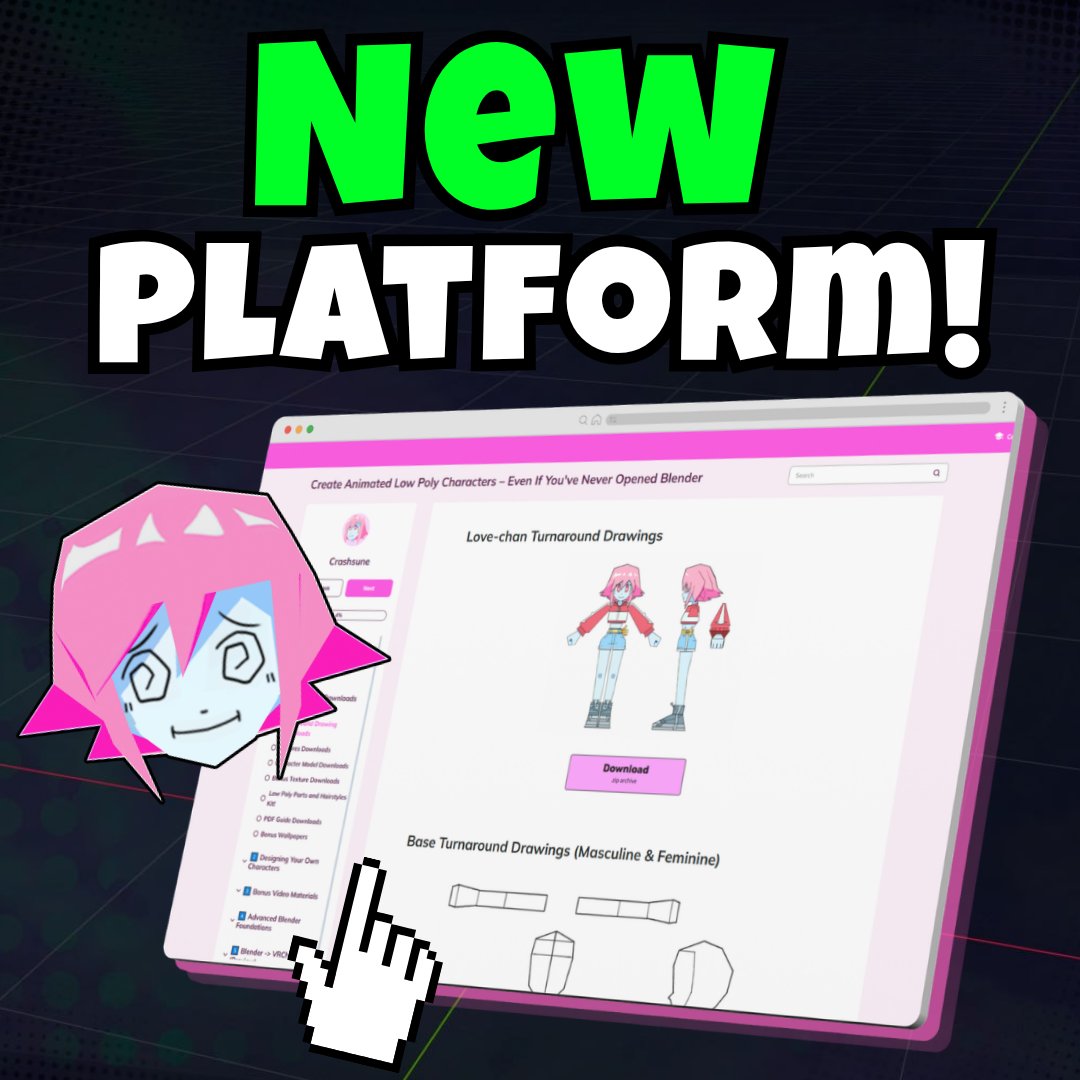Crashsune's tweet photo. The world’s biggest (I think?) Low Poly character course has a new platform! ❤️👀

Shinier, *way* easier to navigate, and with actual progress tracking! ✨

Try creating your own low-poly character in just a week:

https://t.co/GvqwSmsRjF https://t.co/6oFcVBAbLd