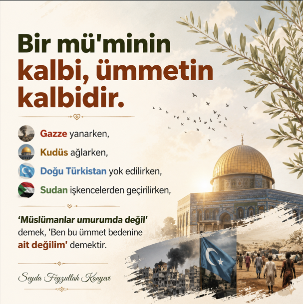 SeydaMFKonyevi's tweet photo. Resulullah sallallahu aleyhi ve sellemin bu hadis-i şerifini bütün zerrelerimizde hissedelim. Hadis-i şerifi okumadan önce büyük bir edep ve huşû ile gönül verelim. Fahr-i Kainat Efendimiz buyuruyor ki: 

"Mü'minler birbirlerini sevmekte, birbirlerine acımakta ve birbirlerini korumakta bir vücuda benzerler. Vücudun bir uzvu hasta olduğu zaman diğer uzuvlar da bu sebeple uykusuzluğa ve ateşli hastalığa tutulurlar." 

Bir mü'minin kalbi, ümmetin kalbidir. Gazze yanarken, Kudüs ağlarken, Doğu Türkistan yok edilirken, Sudan işkencelerden geçirilirken, ‘Müslümanlar umurumda değil’ demek, 'Ben bu ümmet bedenine ait değilim' demektir.  

Büyük bir felaketten bahsediyorum size!

Alimler dahi bu felakete düçar olmuş durumda. "Öyle bir zaman gelecek ki alimler dahi kendisini o fitneden alıkoyamayacak" hadis-i şerifinin mucizesini yaşıyoruz.  

Maalesef bu fitneler bizim zamanımıza denk geldi ve biz bu imtihanı kazanmak zorundayız. Bu imtihanı da uyanık olarak kazanabiliriz. Allah-u Zülcelal'in emir ve nehiylerini her türlü menfaatimizin ve duygumuzun üstünde tutarsak; uyanık kalır ve bu imtihanı ancak öyle kazanabiliriz.
