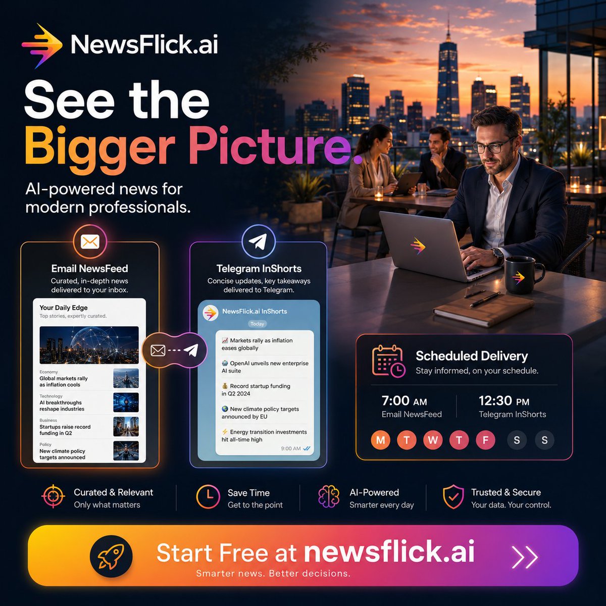 Saksham_live's tweet photo. See the bigger picture—without the information overload. 🌍

Get curated, AI-powered news delivered your way:
📩 In-depth Email NewsFeed
✈️ Concise Telegram InShorts
⏰ Scheduled around your day
Start free: https://t.co/UO3Mn7rMV9

#AI #NewsIntelligence #Productivity #NewsFlickAI https://t.co/q5v8mGhAIW
