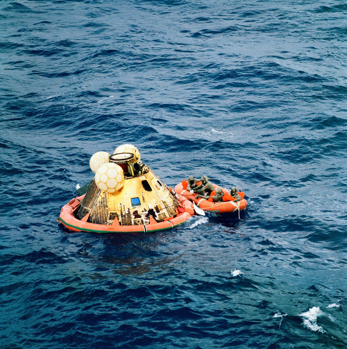 ExploreSpaceKSC's tweet photo. #OTD 57 Years Ago: After a flight of 195 hours, 18 minutes and 35 seconds – Apollo 11 splashed down in the Pacific Ocean. https://t.co/6DyahRmckt