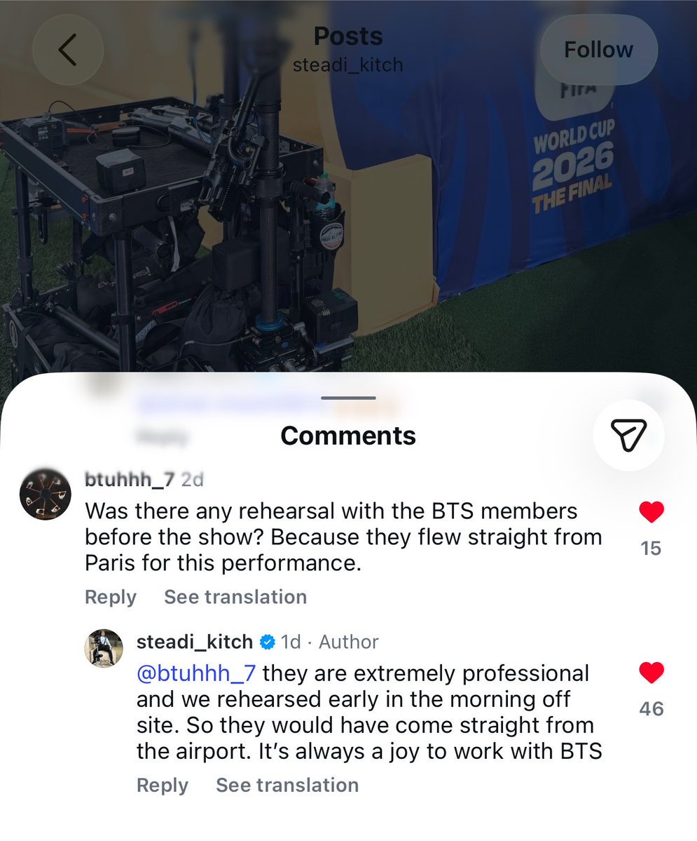 btschartsxdaily's tweet photo. [INFO] Martin Kitchen, the camera operator who worked on the filming of the World Cup halftime show, spoke about the #BTS 💜

“they (BTS) are extremely professional and we rehearsed early in the morning off site. So they would have come straight from the airport. It's always a joy to work with BTS”
https://t.co/rQG7Ctvx7M