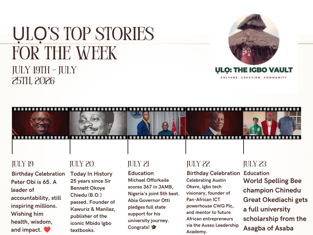 Uloigbovault's tweet photo. ỤLỌ’s TOP STORIES FOR THE WEEK JULY 19TH - JULY 25TH

Cc: @IgboHistoFacts @VoiceOfTheEast @iAm_d3Lmart 

Photo sources: @VoiceOfTheEast @IgboHistoFacts @iAm_d3Lmart 

1. Birthday Celebration July, 19: Celebrated @PeterObi at 65, a leader inspiring millions with his message of accountability, good governance, and service. Wishing him continued health, wisdom, and impactful leadership. ❤️

2. Today In History July, 20: 25 years since the passing of Sir Bennett Okoye Chiedu (B.O.)—teacher, author, publisher, and Igbo language advocate. Founder of @mbidoigbo, Kawuriz & Manilaz, he gave us the iconic Mbido Igbo textbooks. A Knight of St. Christopher, he left a legacy that still shapes Igbo education today. 🕊️

3. Education July, 21: Abia State Governor Alex Otti celebrated Michael Offorkaile for scoring 367 in the 2026 JAMB/UTME, among Nigeria's top 5. He's directed the Tertiary Education Commissioner to arrange state support for Michael's university journey, calling it inspiration for Abia and Southeast youth. Congrats! 🎓

4. Birthday Celebration July, 22: Celebrated Austin Okere, Igbo tech visionary who founded CWG Plc in 1992, building a Pan-African ICT powerhouse. Through the Ausso Leadership Academy, he mentors the next generation of African entrepreneurs. Honouring his legacy of innovation & leadership. Happy Birthday @austin_okere 🎉

5. Education July, 23: Nigeria’s Spelling Bee World Cup champion, Chinedu Great Okediachi, has received a full university scholarship from His Royal Majesty, the Asagba of Asaba. A visionary investment that rewards academic excellence and inspires a generation to believe hard work truly matters. 🏆

#AICBS2026 is coming soon...