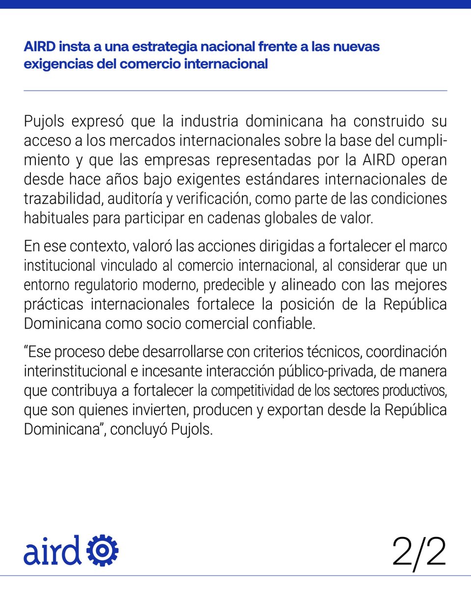 airdmedia's tweet photo. Desde la AIRD reiteramos la importancia de impulsar una estrategia nacional que fortalezca la competitividad, la confianza institucional y el acceso de la República Dominicana a los principales mercados internacionales. https://t.co/SH7ugTKW1m