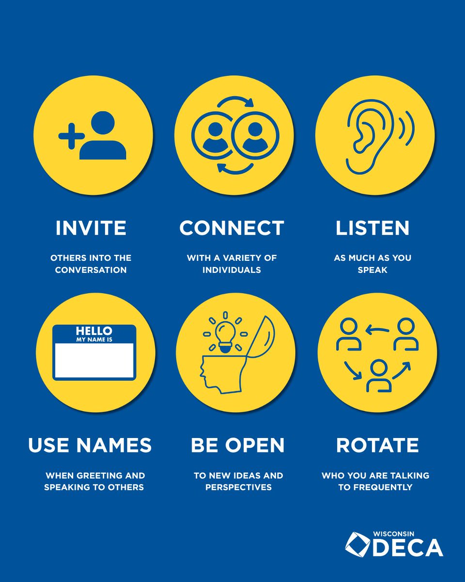 WI_DECA's tweet photo. Networking is for everyone. Learn more above about how you can promote inclusivity while networking! 💙🤝

#wideca #nextbigthing #networking
@DECAInc https://t.co/4hSq5xSYxm
