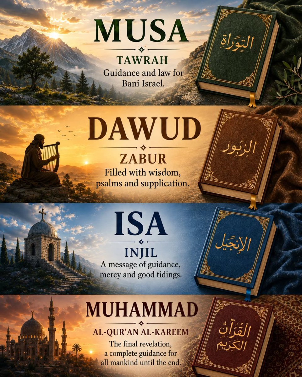 R_naturebeauty's tweet photo. Allah revealed four divine books to guide humanity through His chosen Prophets.
The Qur'an is the final revelation, preserved by Allah and a complete guidance for all mankind.
#Quran #Islam #Allah #Prophets #Musa #Dawud #Isa #Muhammad #Tawrah #Zabur #Injil #AlQuran #Islamic https://t.co/QluJSi2WEG