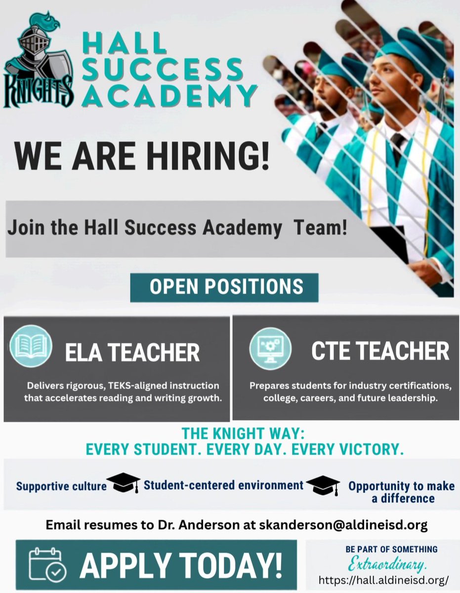 skanderson26's tweet photo. We are hiring! #HallSuccessAcademy
#TheKnightWay @AldineISD https://t.co/DaWKv1hvuc