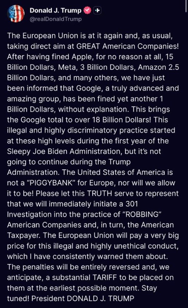RpsAgainstTrump's tweet photo. BREAKING: Trump says the U.S. will immediately launch a Section 301 investigation into the European Union, accusing it of “ROBBING” American companies and saying the bloc will face “a substantial TARIFF.”

Why does Trump constantly pick fights with America’s closest allies while praising dictators and U.S. adversaries?