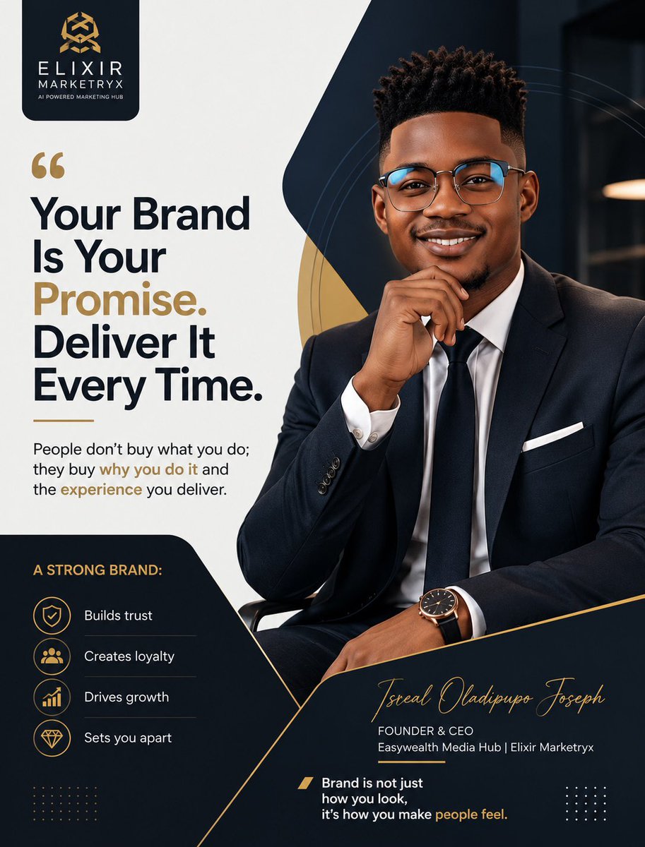 EEasywealth's tweet photo. Your brand is more than a logo—it’s a promise.
People may forget your marketing, but they'll always remember how your business made them feel.
Build trust. Deliver value. Stay consistent.
#Branding #BusinessGrowth #MarketingStrategy #Entrepreneurship #Leadership https://t.co/cUs26lt6ek