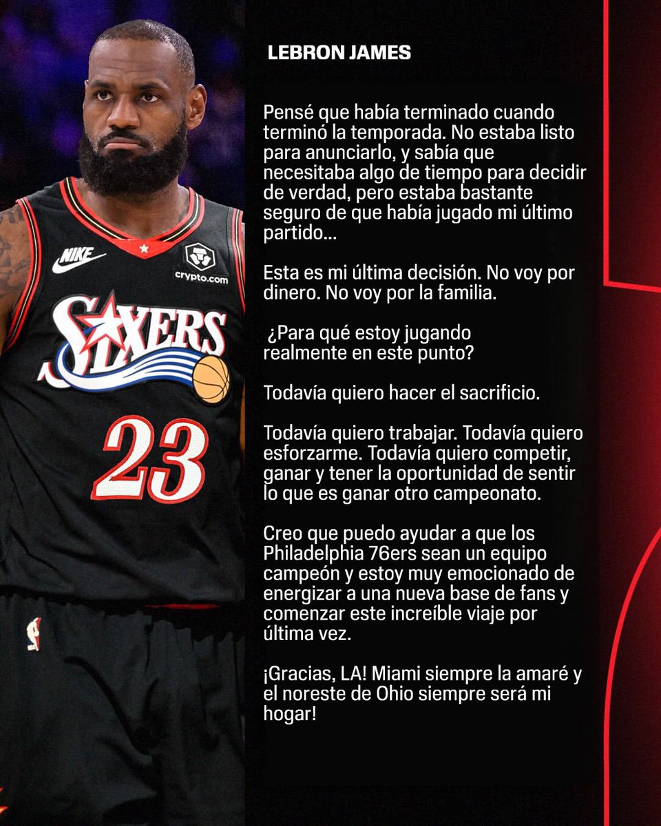ESPN_DO's tweet photo. 🔥 LeBron fue claro en sus intenciones: el Rey quiere volver a ser campeón y esa es la mayor motivación de su fichaje con Philadelphia.
#NBAxESPN https://t.co/vVURFZcOm6
