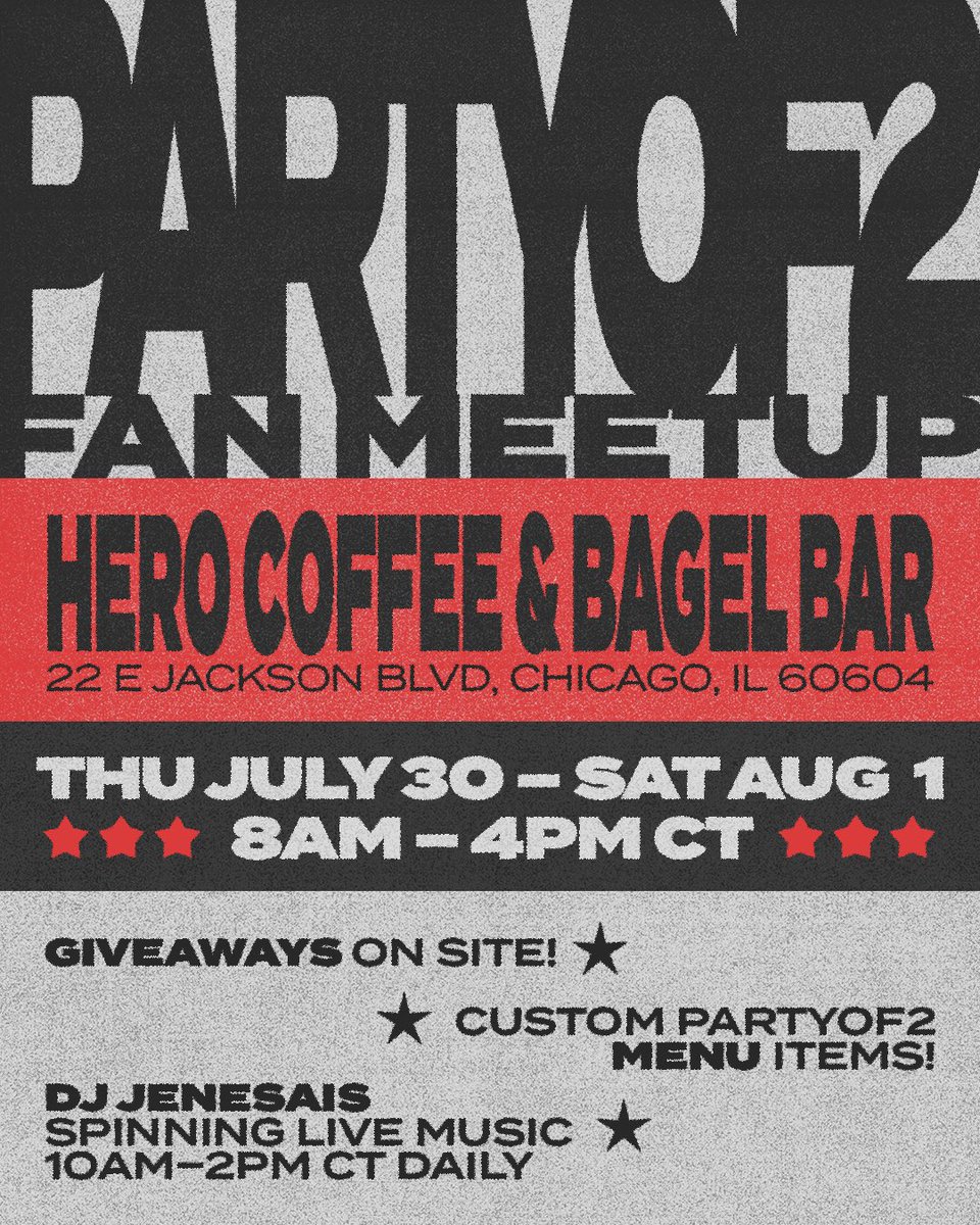 defjam's tweet photo. your coffee run just got a @ITSPARTYOF2 upgrade ☕️

we’re teaming up with hero coffee &amp; bagel bar in chicago, july 30 - aug 1 for custom menu items, giveaways, and live dj sets. don’t miss it! https://t.co/oWzXbdzbX7