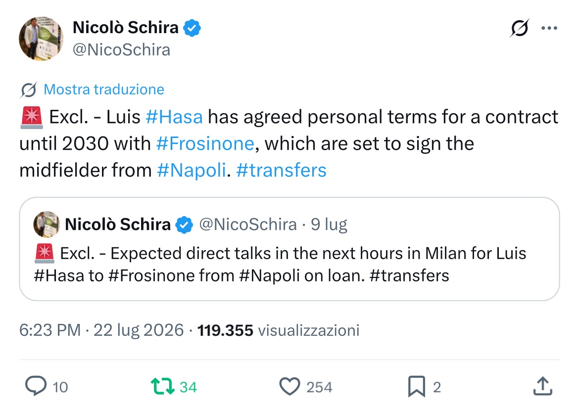 NicoSchira's tweet photo. Now it’s official! Luis #Hasa to #Frosinone from #Napoli. Contract until 2030. No surprise here and confirmed since the last July 9 as an exclusive revealed! #transfers https://t.co/dosFExZJQR