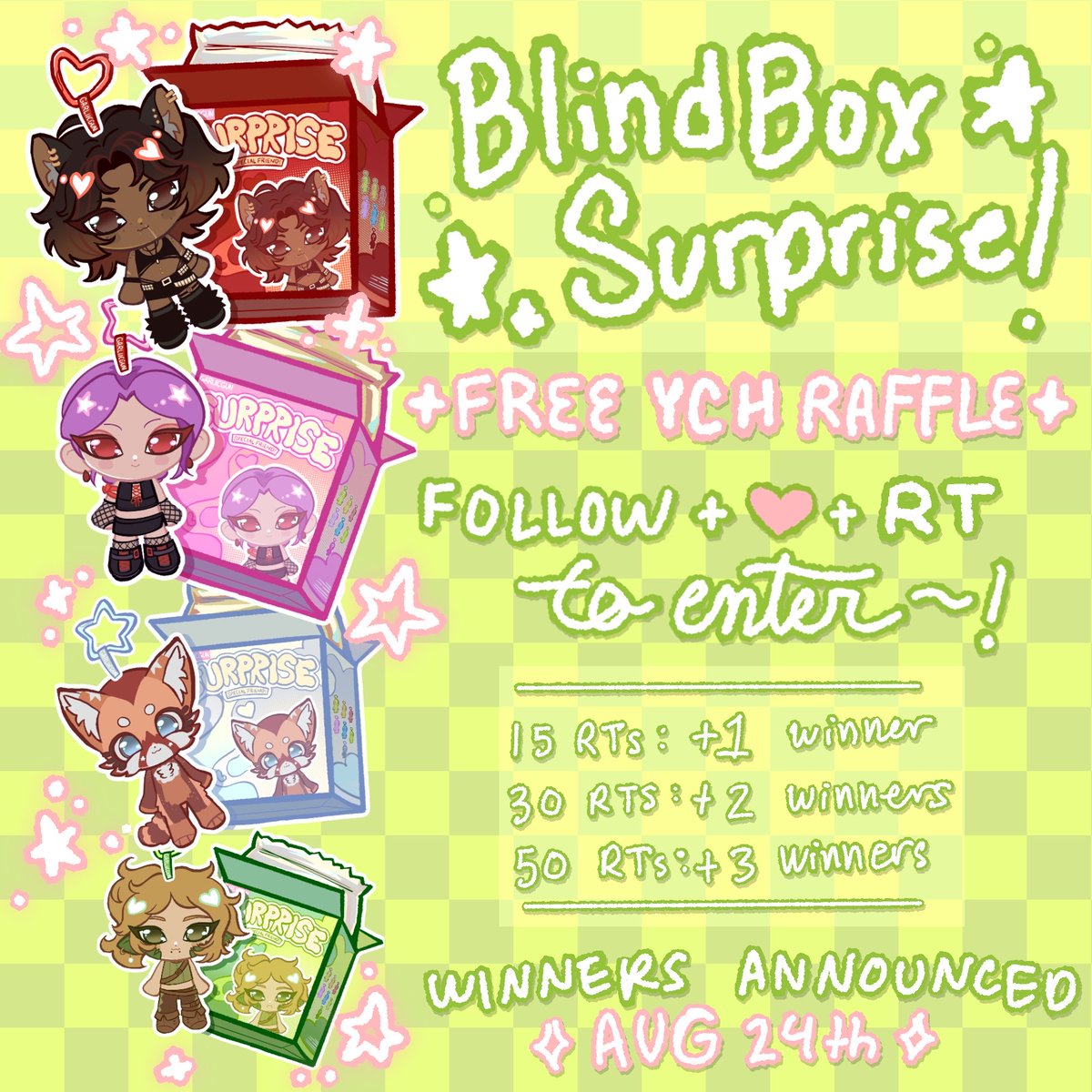 garliicgun's tweet photo. Blindbox Surprise YCH art raffle! 💝
⭐️ Follow, like &amp; RT to enter
⭐️ Up to 4 winners total if conditions are met
⭐️ Ends Aug 24th! https://t.co/WHAefO0OAt