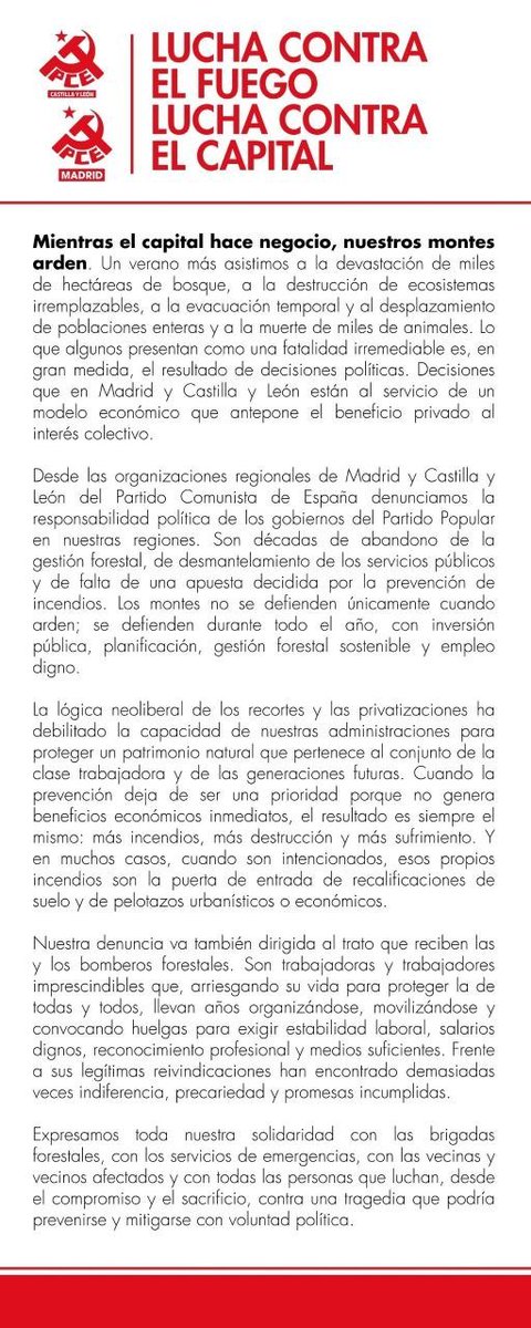 pce_cyl's tweet photo. 🔥 Un verano más asistimos a la devastación de nuestros bosques.

Mientras, los gobiernos del PP mantienen a bomberos forestales en situación de miseria el capital hace negocio y nuestros montes arden.

¡Lucha contra el fuego, lucha contra el capital! ✊

https://t.co/vS8VsbcHe5 https://t.co/pxUaALfLNe