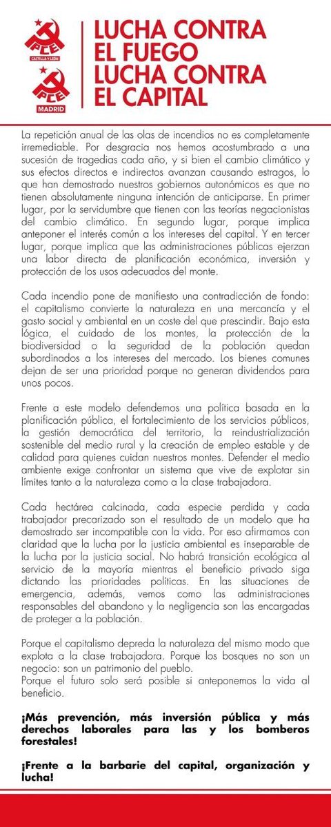 pce_cyl's tweet photo. 🔥 Un verano más asistimos a la devastación de nuestros bosques.

Mientras, los gobiernos del PP mantienen a bomberos forestales en situación de miseria el capital hace negocio y nuestros montes arden.

¡Lucha contra el fuego, lucha contra el capital! ✊

https://t.co/vS8VsbcHe5 https://t.co/pxUaALfLNe