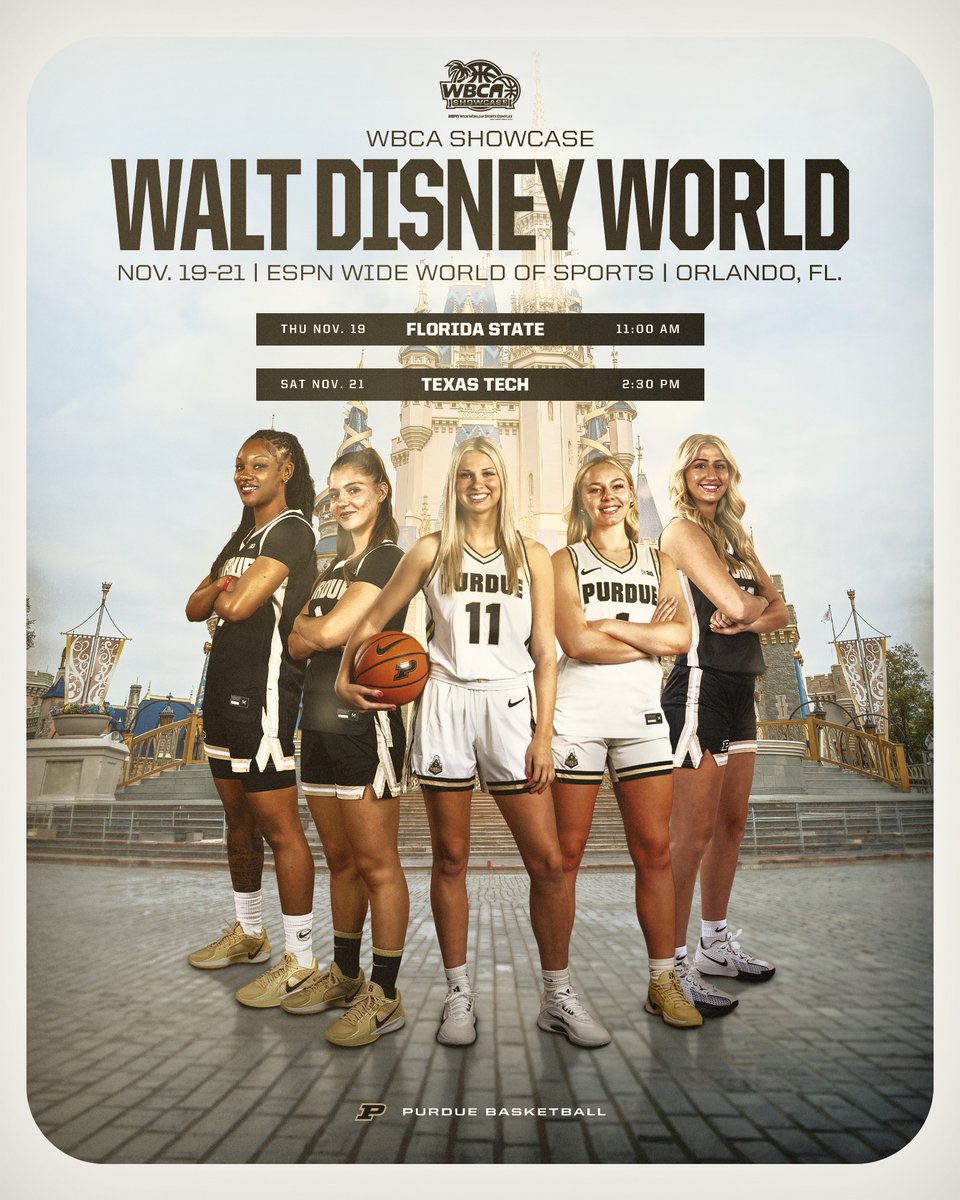 PurdueWBB's tweet photo. We're going to Disney World 🏰

Excited to play in the 2026 WBCA Showcase at the ESPN Wide World of Sports! 

🔗 https://t.co/lXdyIFQ0IZ https://t.co/DvNCruwyGC