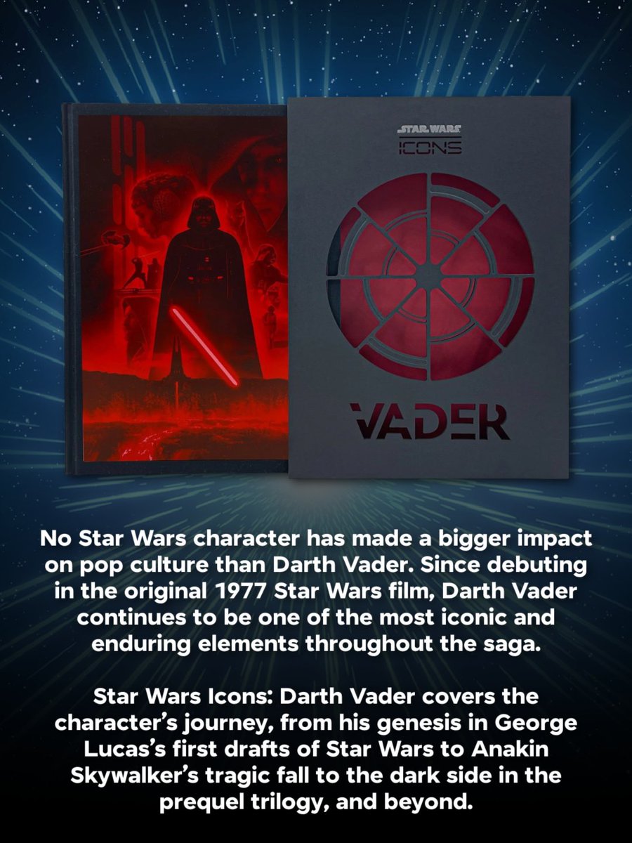 StarWarsExplain's tweet photo. Star Wars Icons: Vader by Anthony Breznican (forward by Hayden Christensen) is out October 20, 2026 and will feature an in depth look at Vader's role in the Star Wars galaxy and exclusive interviews as well as rare imagery and on-set candid photos. https://t.co/QAVu5GJ3n4