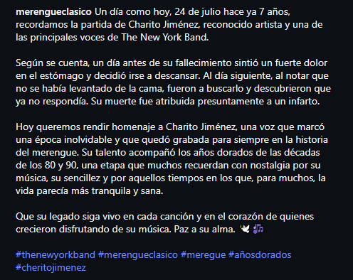 rocamanX's tweet photo. Hace 7 años, la música perdía a uno de sus exponentes más recordados por su participación en #TheNewYorkBand. Éxitos como #NadieComoTú, #DameVida, #SoloEnTi, #TuAmor y #QuéTentación representan su gran talento y su calidad vocal. Cherito Jiménez, D.E.P.
ℹ️ @ merengueclasico (IG) https://t.co/7cRJhu6N75