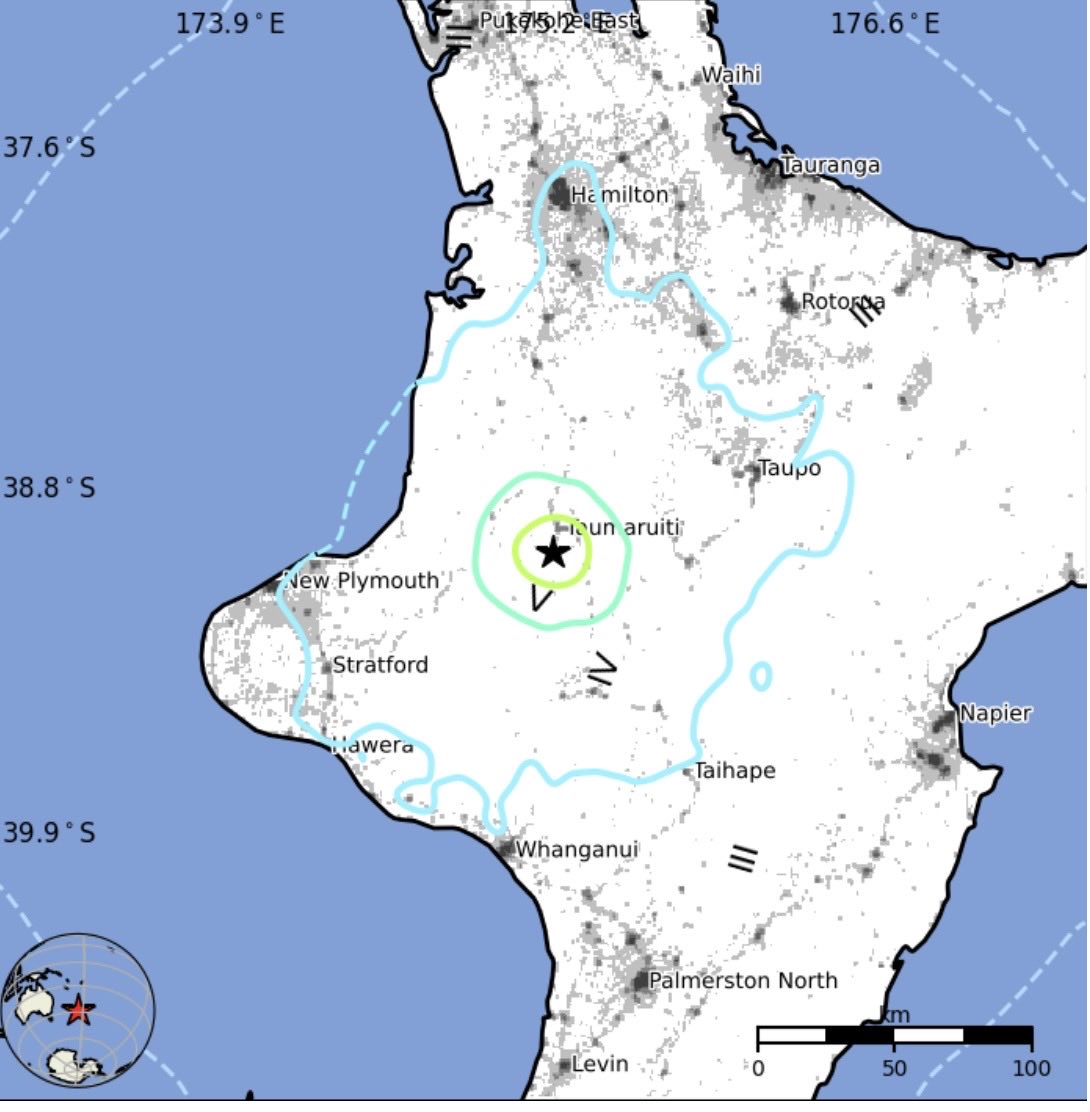 SeismoTracker's tweet photo. #Earthquake Breaking News 

A magnitude 5.7 earthquake has struck 49 Km / 30.4 Mi W of Turangi, #NewZealand 

Magnitude: 5.7 
Epicenter Location: 38.962°S 175.233°E
Time: 2026-07-24 16:51:37 UTC
Depth: 10.0 Km ( 6.2 Mi) 
Intensity: VII 
Estimated Fatalities: Green 94% 
Estimated Economic Losses: Green 90%