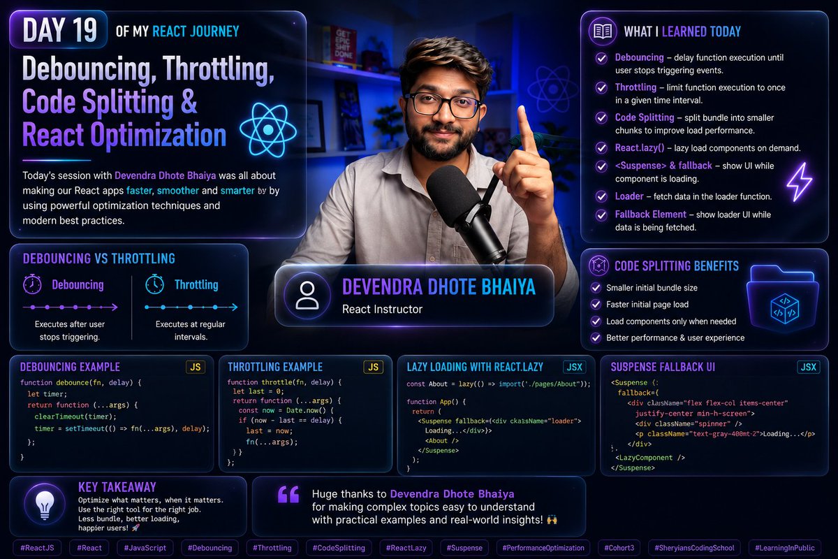 prathamkave's tweet photo. Day 19 of learning React ⚛️ at @sheryians_ COHORT 3.0

• Debouncing &amp; Throttling
• Code Splitting &amp; React.lazy()
• Suspense &amp; loading fallbacks
• Data Router loaders

#ReactJS #JavaScript #CodeSplitting #Suspense #Cohort3 #SheryiansCodingSchool https://t.co/IjVa6ICGqN