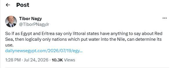 EthiopianNewsA's tweet photo. "So if as Egypt and Eritrea say only littoral states have anything to say about Red Sea, then logically only nations which put water into the Nile, can determine its use,"  Ambassador Tibor Nagy, a seasoned American diplomat and former #US Ambassador to #Ethiopia said. 🇪🇹 🇺🇸 https://t.co/2Dg7nyrtLw