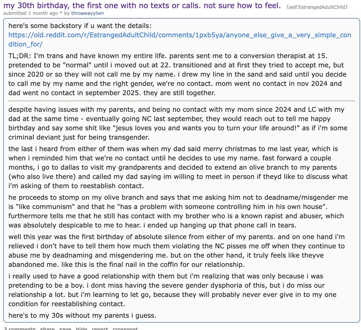 jakeskulli's tweet photo. @reddit_lies His other post is even better. 

"I TOLD MY DAD WE'RE NO CONTACT WHEN HE WISHED ME A MERRY CHRISTMAS."

"WHY DIDN'T HE CONTACT ME ON MY BIRTHDAY, HE'S LITERALLY HITLER." https://t.co/KDVc2JB7Rp